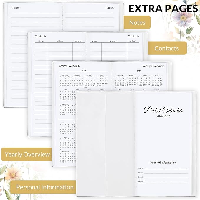 KONVINIT Pocket Calendar 2025-2027, Floral 2025-2027 Monthly Planner - 3.7" x 6.7" - Runs from July 2025 Until December 2027, 2026 Pocket Calendar with PVC Cover for Student, Women, Office Supplies