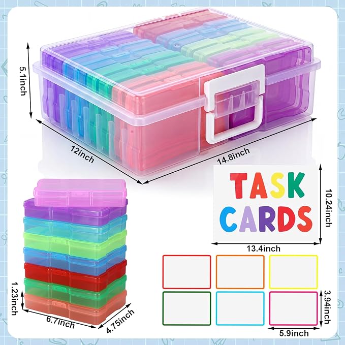 Xuhal 16 Pcs Multicolor Task Boxes for Special Education with 18 Adhesive Labels and Clear Storage Case, 4'' x 6'' Index Card Holder Task Card Boxes for Teachers Classroom Supplies Photo Storage