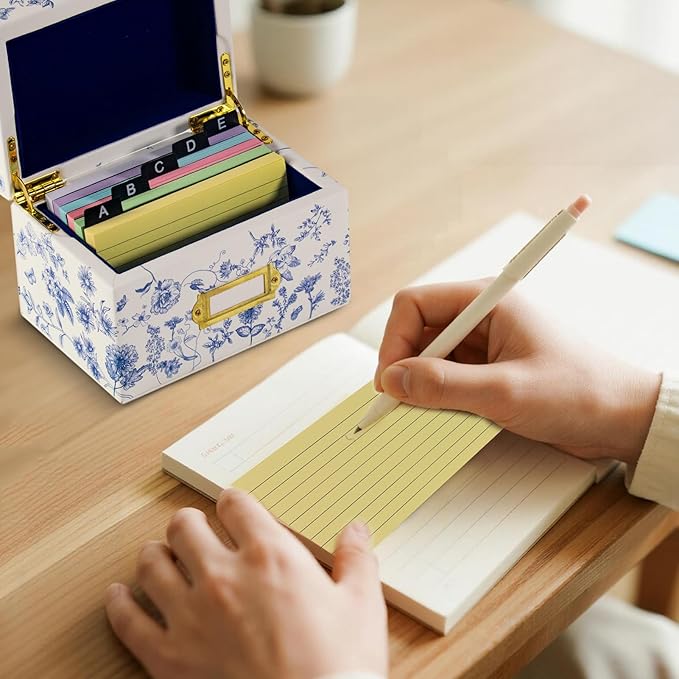 3x5 Index Card Holder, Leather Organizer Box with 300 Flash Cards, 30 Plastic Dividers & 2 Letter Stickers,Flash Recipe Card Holder Box for Home Office Kitchen (Index Card Holder-A)