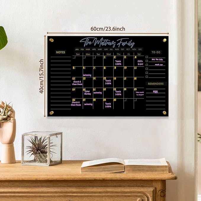 Black Acrylic Calendar Dry Erase for Wall, Family Planner, Monthly Calendar Dry Erase Whiteboard for Home, Office, 24" x 16"Reusable White Board（(Acrylic-BK-4060)
