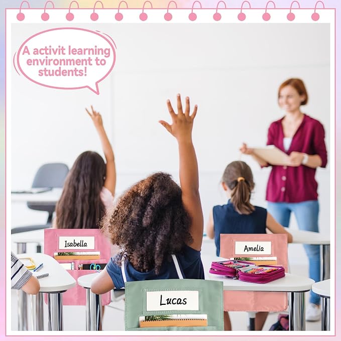 gisgfim 12 Pcs Chair Pockets for Classroom 16.7 x 19.3 Inch s with Name Tag Chairback 3 Pockets Chairs Seat Back Organizer for Elementary School Daycare Home Supply (Pastel Pink)