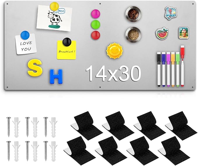 14" x 30" Magnetic Board, Magnet Bulletin Board to Display Magnetic Letters, Metal Board for Wall, Refrigerator Photo, with Dual Lock Tape and Screws,