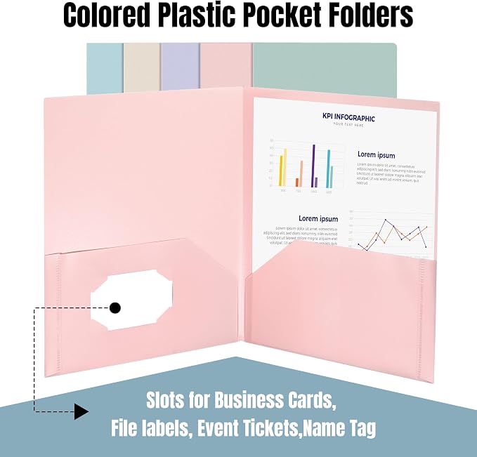 GNL Plastic Folders with Pockets, Pack of 5, Muted Pastel Colors, Heavy Duty 2 Pocket File Folders Letter Size, Pocket Folders for School, Home, and Office