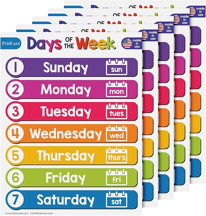 7 Days of the Week Chart for Preschool to Grade 1 Kids – Bright Colorful Educational Visual/Learning Aid Poster Decoration for Classroom or Home | Glossy Durable Cardstock | 8.5" x 11" | 5 per Pack