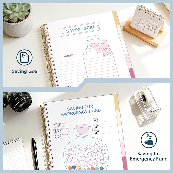 Ospelelf Budget Planner Undated, Money Expense Tracker with Pockets & Stickers, Thick Cardboard Cover, Large Pages for Spacious Writing, Original Fun Colorful Design, 12 Month Financial Notebook, Blue Pool
