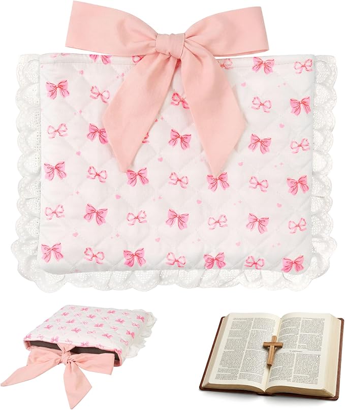 Vintage Pink Bow Quilted Bible Book Bag Cover for Women – Fits Standard Size Bibles Padded Protector Washable Cotton Bag with Elegant Lace Trim with Interior Zipper Pocket