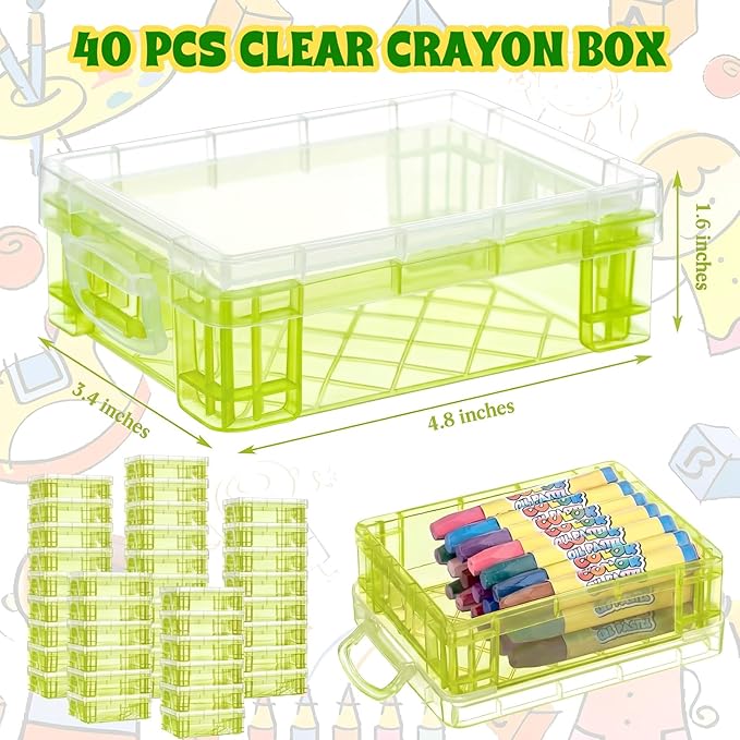 Suzile 40 Pcs Plastic Crayon Boxes Holds 24 Crayon with Snap Lid Storage Container Clear Stackable Case for School Office Classroom Supplies Pen Pencil Craft(Green)