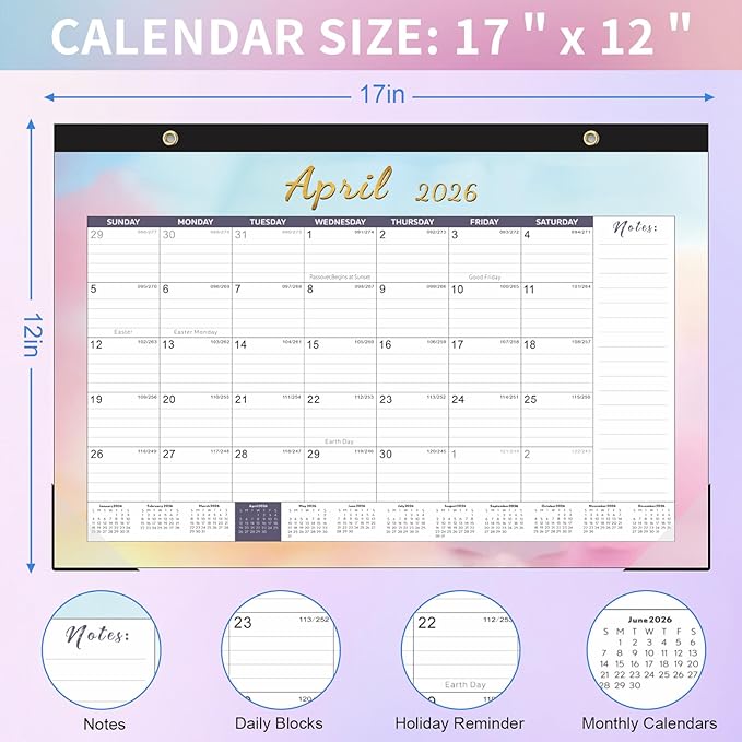 Gannyfer Desk Calendar 2026, Magnetic Calendar for Refrigerator, 18 Monthly Large Yearly Desktop/Wall Calendar 2026 with Stickers Plastic Cover Hanging String, 2026 Calendar for Office, Home or School, 17" x 12"