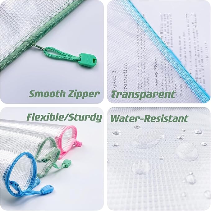 Plastic Mesh Zipper Pouch Document Folders Bag Zip File Bags for Office Supplies Storage-15 Pcs (Multicolor, 6"x 8")