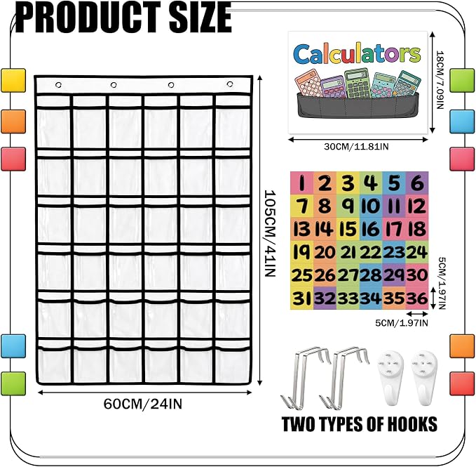 36 Pocket Calculator Holder for Classroom Calculator Storage Organizer over The Door Hanging Storage Rack with Clear PVC Pockets, Number Stickers for Back to School Exam Room
