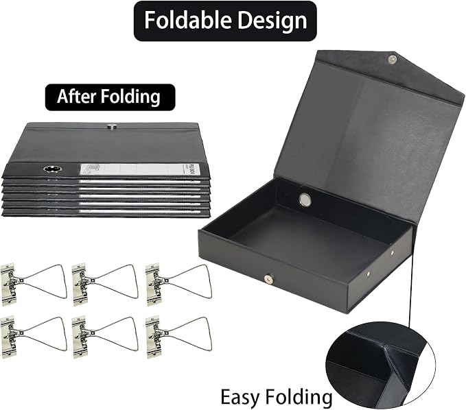 6 Pack Foldable Plastic Box Files A4 with Metal Clip,65mm Spine,Document Archive Folders for Office（Black）