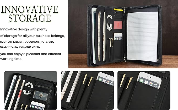 Free Engraved Name, Personalized PU Leather Portfolio, Embossed Resume Padfolio Folder with A4 Size Clipboard, Professional Business Organizer Folio, Gift for Women/Men, Customized(Black)