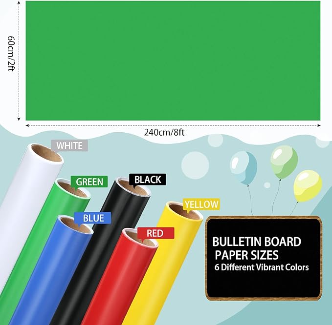 Skyygemm 6 Rolls Bulletin Board Paper Fade Resistant Colored Bulletin Board Paper Roll Bulk for Art Decor Drawing Craft Painting(2 x 8 ft,Rainbow)