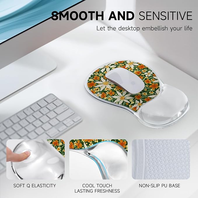 AUPET Ergonomic Mouse Pad with Gel Wrist Support – Non-Slip Mouse Mat with Comfortable Memory Gel Cushion – Relieves Wrist Pain – Designer Pattern for Home Office & Gaming (Sunny Daisy Patch)