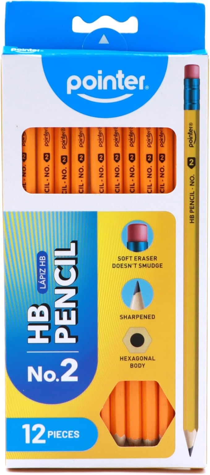 Pointer No. 2 HB Pencils – 12 Pack Pre‑Sharpened Yellow Wood‑Cased Pencils with Soft Erasers, Hexagonal Body for School, Office & Standardized Testing