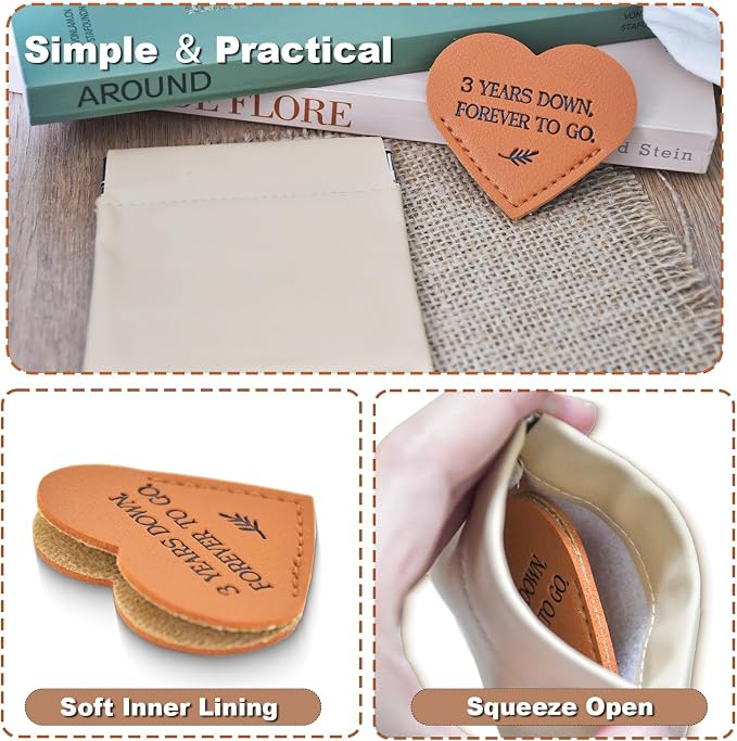 3 Year Anniversary Leather Gift for Her Him, 3rd Wedding Anniversary Traditional Gifts for Wife Husband, Unique Leather Heart Bookmark (2.16‘’) Ideas for Men Women Couple