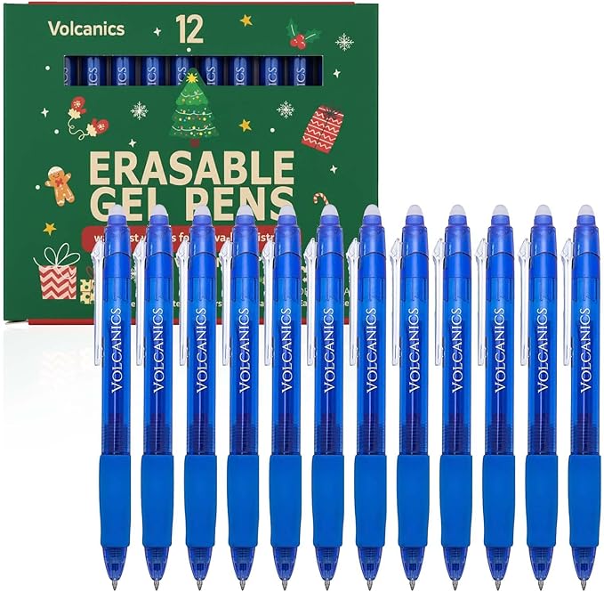 Volcanics Christmas Clicker Erasable Gel Pens Blue Ink – 12 Pack, Retractable Erasable Gel Ink Pen Set, Smooth Writing Heat Erase Gel Pens, Holiday Gift for Kids & Adults, Perfect Stocking Stuffers