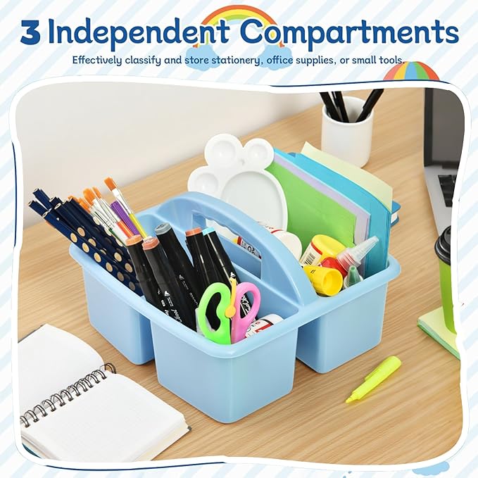 Plastic Storage Caddy Organizers, 6 Pcs Portable Teacher Classroom Supply Caddies with Handle, 3-Compartment Utility Craft Art Caddy for Kids, School Classroom and Office Organization, Boho Colors