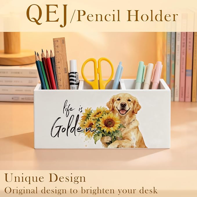 Golden Retriever Gifts Pen Holder for Desk, Golden Retriever Gifts for Women, Sunflower Floral Dog Wooden Box Pencil Pen Organizer for Home Office Desk Tabletop