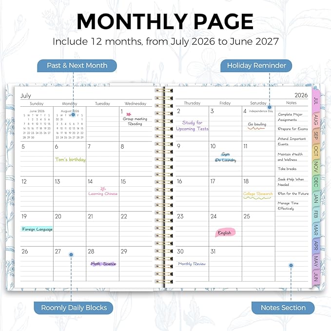 SKYDUE 2026-2027 Monthly and Weekly Academic Planner, July 2026-June 2027, 8.5"x11", Agenda Calendar with Colorful Tabs and Storage Pocket, Ideal for School Office Supplies