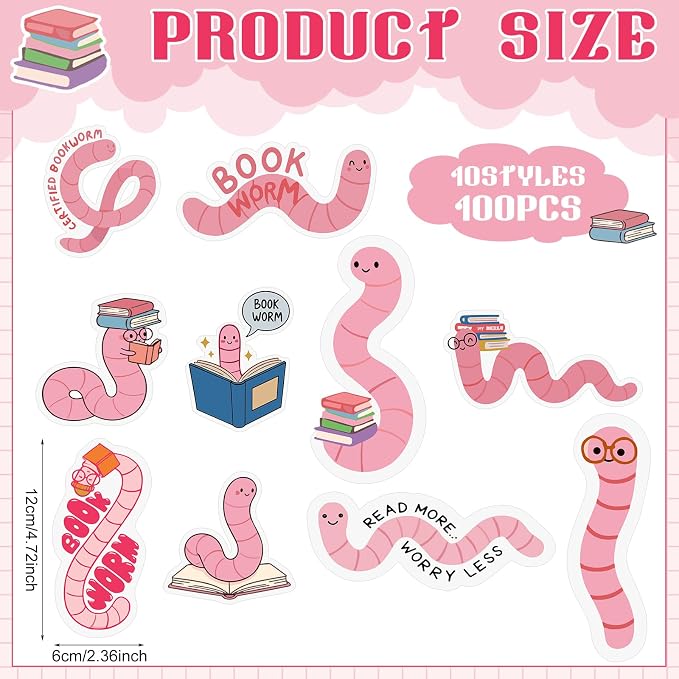 Ctosree 100 Pcs Pink Worm Bookmarks Bulk Cute Glitter Gummy Holographic Book Worm Bookmark for Book Lovers Bookworm Fun Readers Adults Teacher Funny Gift Bookish Party Favors
