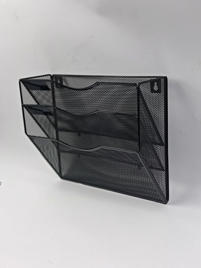 SUPEASY 3 Tier Wall File Organizer, Large Capacity Metal Mesh Hanging File Organizer, Wall Mounted Mail & Document Organizer for Home, Classroom, Office Organization, Black, No assembly required