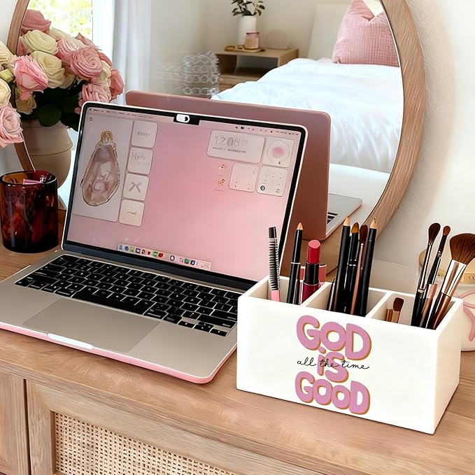 Pink Christian Pen Holder, Christian Gifts for Women Pencil Holder for Desk, God Is Good Bible Verse Preppy Wooden Box Sign Decorations for Girly Room Bedroom Dorm Desk Tabletop