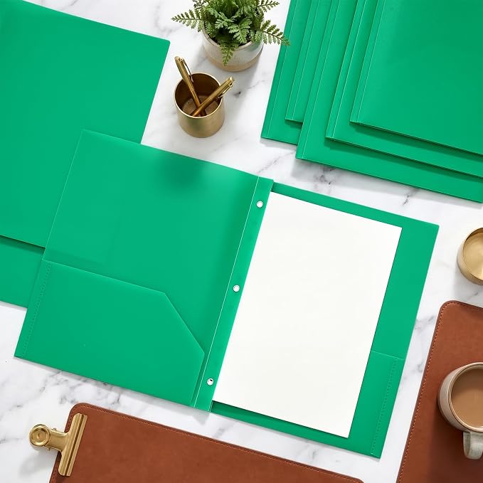 Cholemy 54 Packs Pocket Folders with Prongs Heavy Duty Plastic Folder with Business Card Slot 3 Prong Fasteners for School Office (Green)