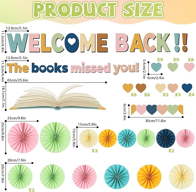 3D Heart Reading Bulletin Board Set Boho Heart Cutout Boho Cutouts Paper Fans Welcome Back The Book Missed You Craft Reading Bulletin Board Decorations for School Library Home Wall Decor Supplies