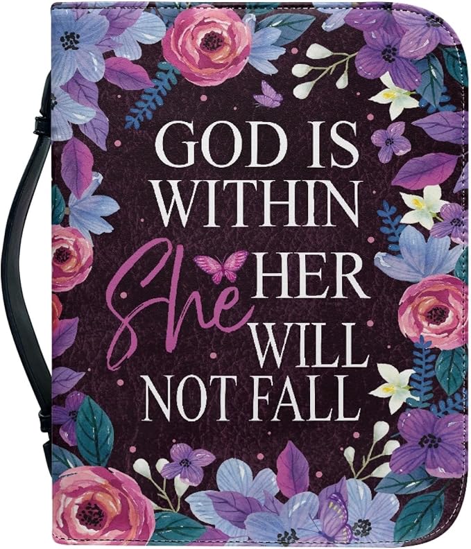 Gods Letter Flowers Bible Cover for Women - PU Leather Case with Handle, Waterproof Protector, Lightweight Tote Bag for Men, Large Size