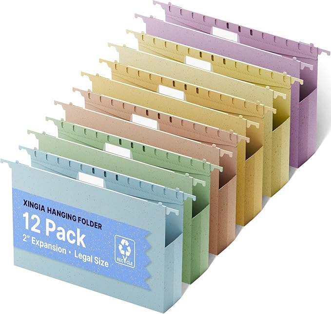 XINGIA Legal Size Hanging File Folders Extra Capacity,2'' Expansion File Folders Hanging with Tabs,12 Pack Wheat Straw File Cabinet Folders for School Office,Plastic Heavy Duty Hanging File Organizer