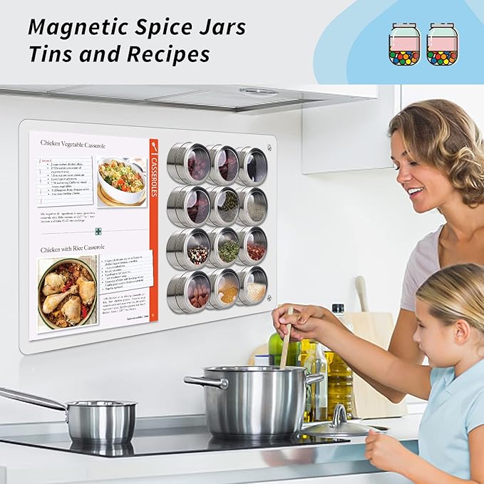 17.7" x 11.8" White Metal Magnetic Board - Magnet Bulletin Board to Display Magnetic Letters Numbers Animal, Poetry, Spice Jars, Notes, Photos, Suitable for Wall, Refrigerator, Cubicle, Cabinet