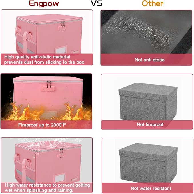 ENGPOW File Box with Lock, Fireproof Document Box with Pockets, Collapsible File Organizer Filing Storage Cabinet with Handle, Portable Home Office Safe for Hanging Letter/Legal Folders, Pink, 2 Pack