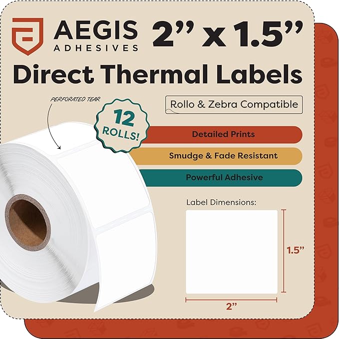 Aegis Adhesives - 2" X 1.5" Direct Thermal Labels (12 Rolls, 900 Labels/Roll) Perforated and Compatible with Rollo, Zebra, and Other Desktop Label Printers