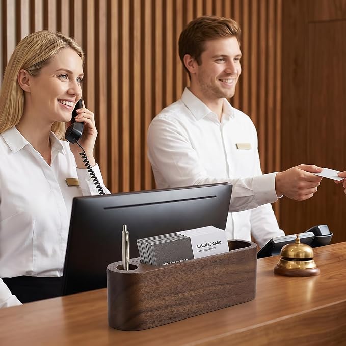 Wooden Desktop Name Card Display Stand with Pen holder, Business Card Holder for Desk, Minimalist Wooden Desk Organizer, Office Desk Accessories for Office Home Tabletop Exhibition