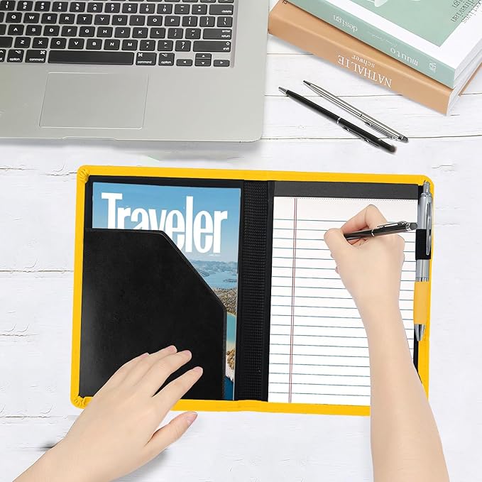 A5 Padfolio Business Portfolio Folder,Junior Size Document Folder Organizer, Padfolio with Interior Pocket and Pen Loop, 5 x 8 Writing Pad Included. Yellow