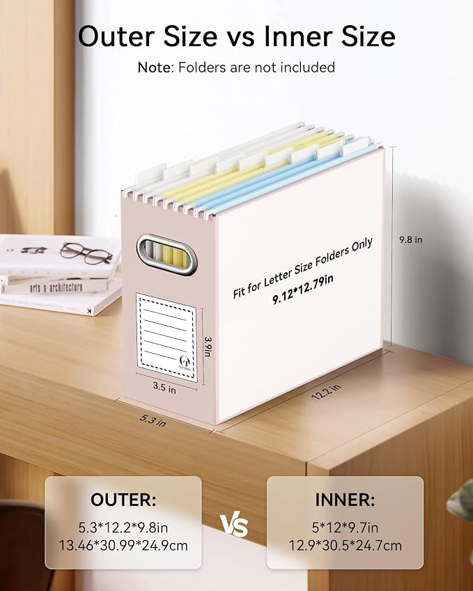 Oterri File Organizer Box, Portable Collapsible Cardboard File Folder Organizer with Handle for Letter Size Hanging Files, Document Storage Box for Home Office & Classroom (2 Packs, Light Pink)