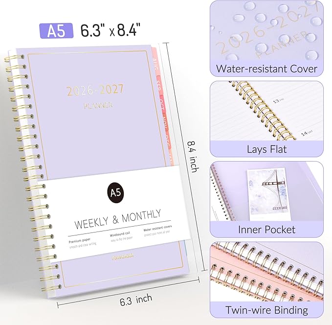 Aug 2026 - Dec 2027 Planner, Forvencer 17 Month Academic Planner 2026-2027, 6.3" x 8.4", Calendar Planner Weekly and Monthly, Daily Agenda Book, College School Supplies for Student Teacher, A5, Pink