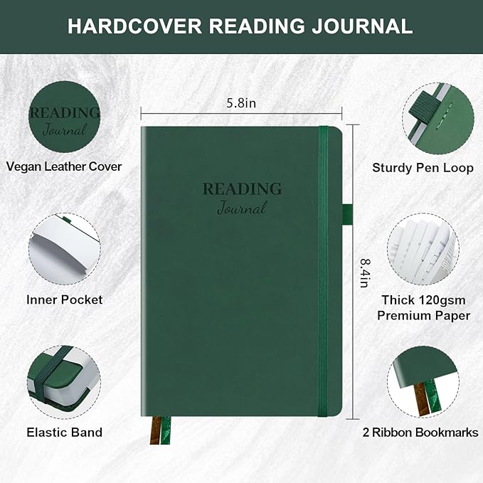 Reading Journal with 104 Book Reviews, Book Journal for Books Lovers & Readers - Review and Track Your Reading Progress, Reading Log Notebook Gift, A5, Dark Green