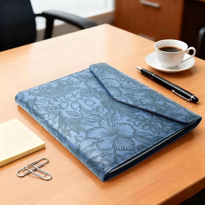 Embossed Professional Trifold Padfolio with Magnetic Closure – A4 Letter Portfolio Organizer for Business Meetings, Interviews & Presentations, Document Folder with Notepad Holder Blue