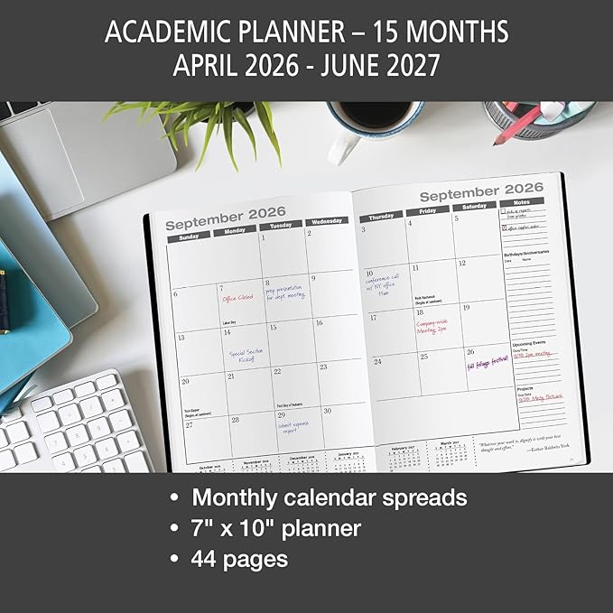 Elan Publishing Company Academic Calendar - 15 Months (April 2026 - June 2027) 7" X 10" Saddle-Stitched Dated for 2026-2027 Academic Year (Black)
