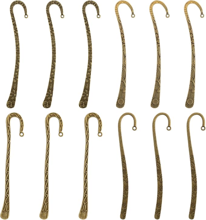 Framendino, 12 Pack Metal Bookmarks, Antique Vintage Bookmark Hooks, Flower Carved Hairpin Stripe Book Marks with Loop for DIY Jewelry Making Charms