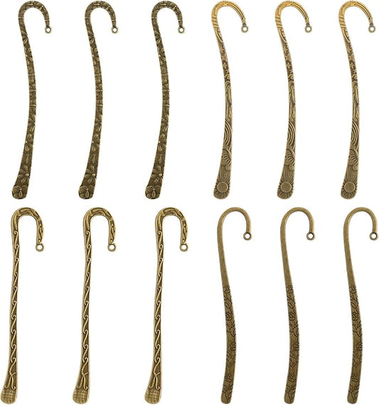 Framendino, 12 Pack Metal Bookmarks, Antique Vintage Bookmark Hooks, Flower Carved Hairpin Stripe Book Marks with Loop for DIY Jewelry Making Charms