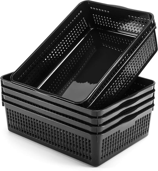 A4 Size Plastic Storage Basket Tray,6 Pack Plastic Paper Storage Trays,Desktop File Paper Letter Organizer Basket for Classroom, Office, Home (Black)