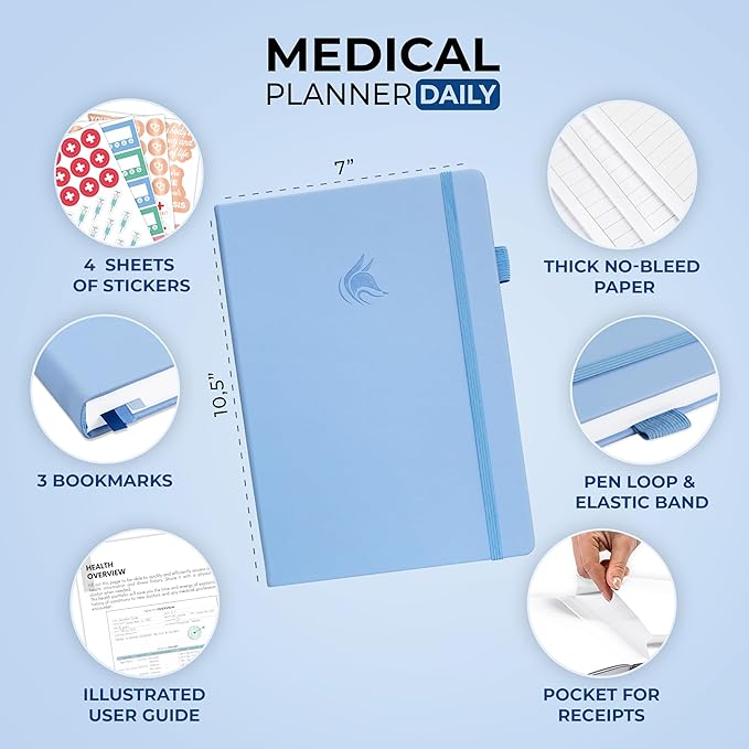 Clever Fox Medical Planner Daily – Health Diary Notebook, Wellness Journal & Self-Care Logbook, Lasts 3 Months, 7x10.5″ (Light Blue)