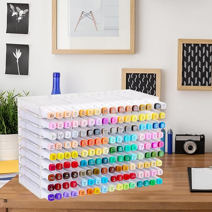 Acrylic Marker Organizer for 144 Markers, Large Capacity Alcohol Marker Storage Rack for Desk, Horizontal Pens Pencils Art Holder Organizer with 36 Compartments for Classroom Office