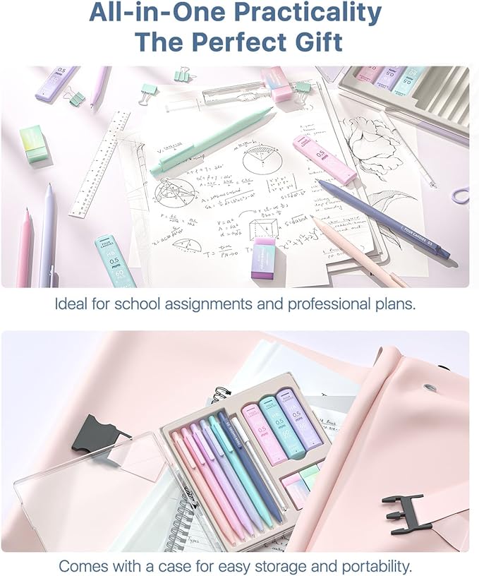 Four Candies 6PCS Cute Mechanical Pencil Set with 372 Leads & Erasers, 0.5 mm Fine Point, Pencils Mechanical with 360PCS (HB & 2B) Lead Refills & 12PCS Erasers & Storage Case for Writing & Drawing