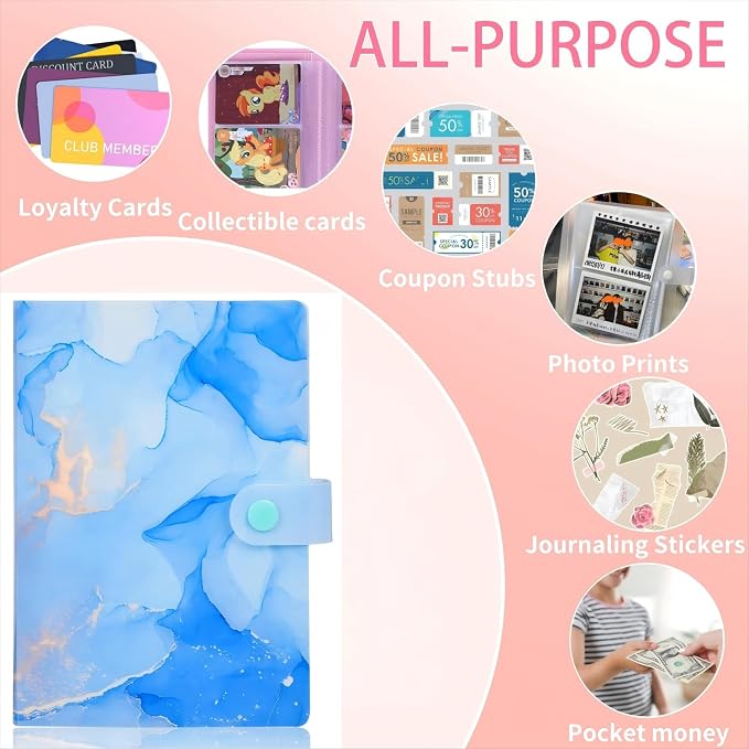 Receipt Organizer Picture Album Binder Holding Coupons Business Cards with 104 Pockets, Potable Accordion Binder 6.7x4.8inches for Storage Details Organizer - Marble Blue
