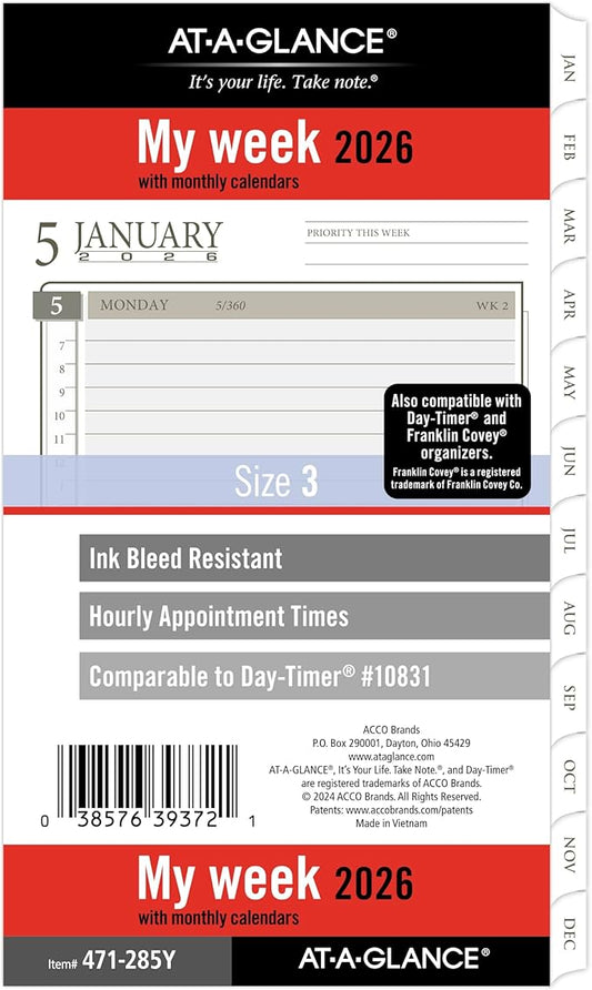 AT-A-GLANCE 2026 Planner Refill, Weekly & Monthly, 3.75" x 6.75", Portable Size 3, Loose-Leaf (471-285Y-26)