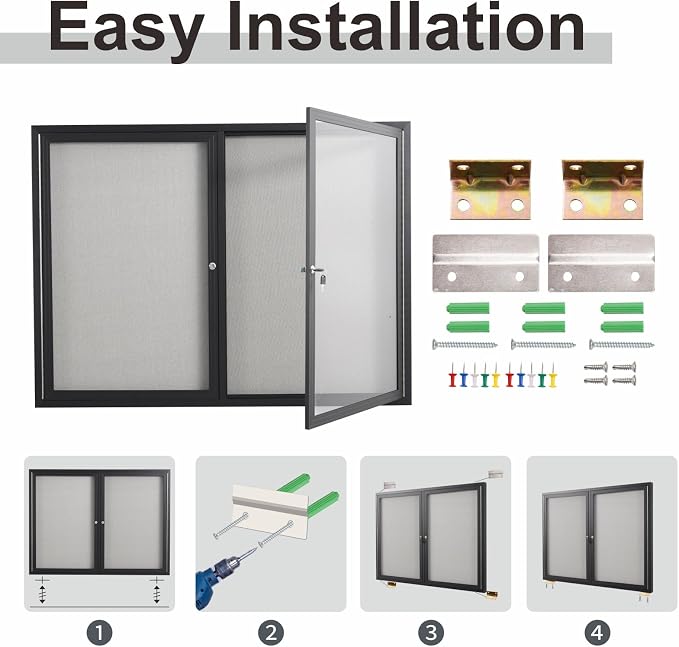 48x36 Inch Lockable Enclosed Bulletin Board, Weather-Resistant Outdoor Noticeboard with 2 Locking Doors, Wall-Mounted Black Aluminum Frame & Grey Felt Presentation Board